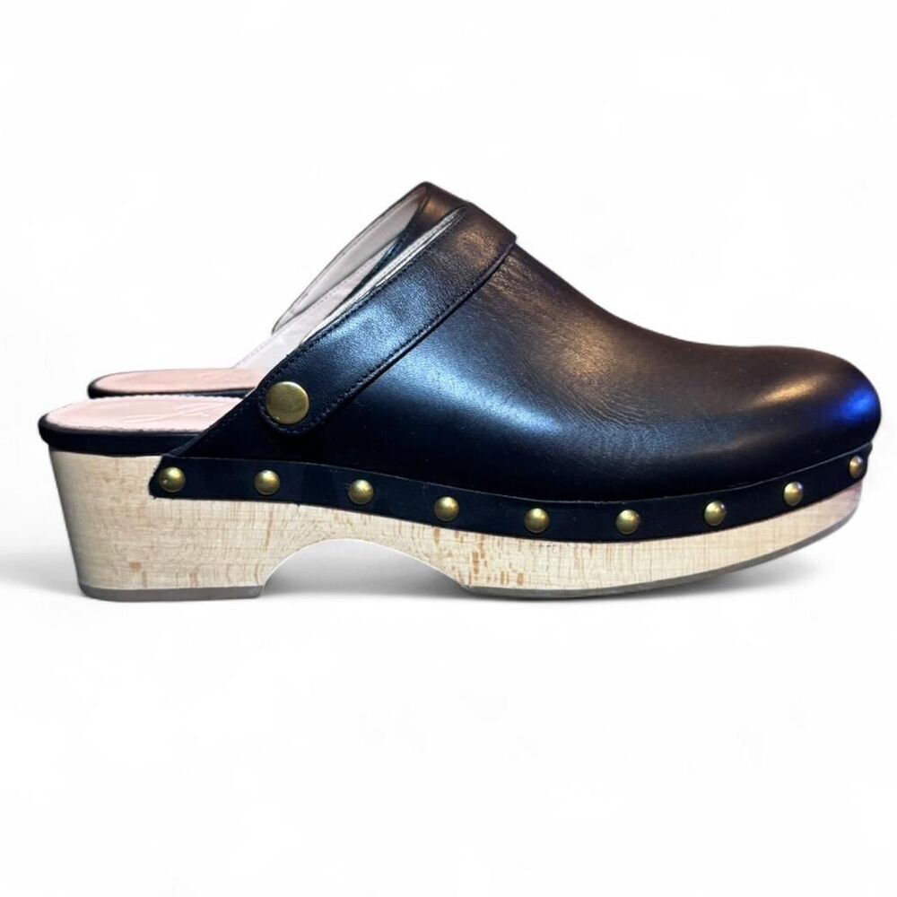 J.Crew BA188 Black Leather Studded Wood Clogs Women’s 10.5 Platform Mule